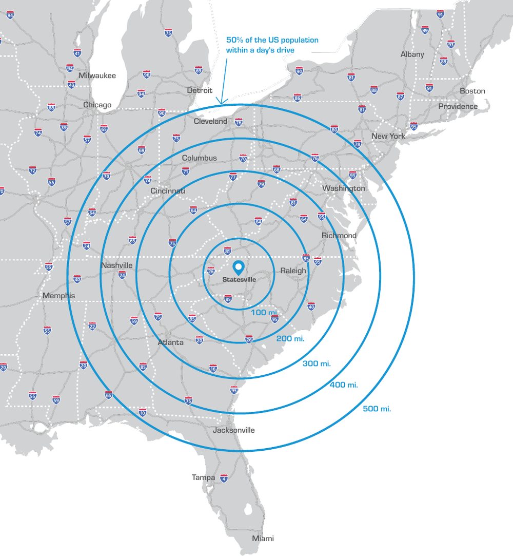 Drive-time radius map from Statesville, NC